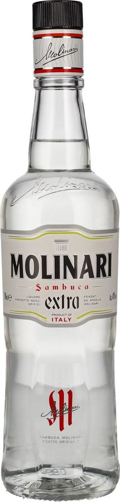 A clear studio shot of a bottle of Molinari Sambuca Extra.