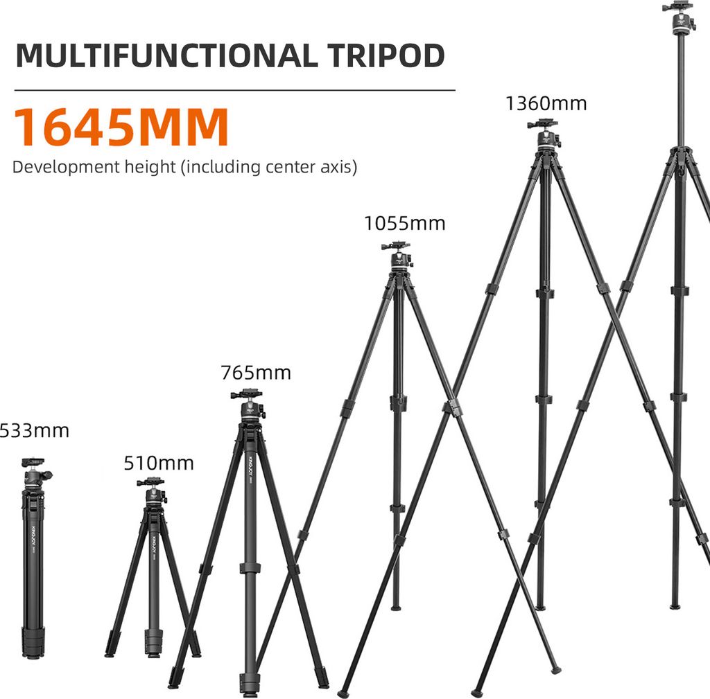 KINGJOY S600X+GS10 Tragbares Kamerastativ mit 360¡ã drehbarem Kugelkopf Aluminiumlegierung 1645 mm/64,8 Zoll Max. Hoehe 10 kg/22 lbs Tragkraft Fo...