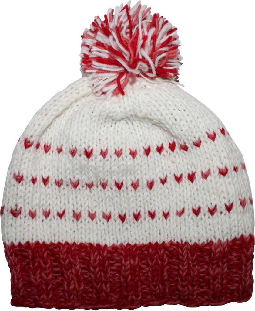 Wollmütze mit Bommel und Streifen Muster - weiß - rot-rosa - warme Strickmütze - Bommelmütze