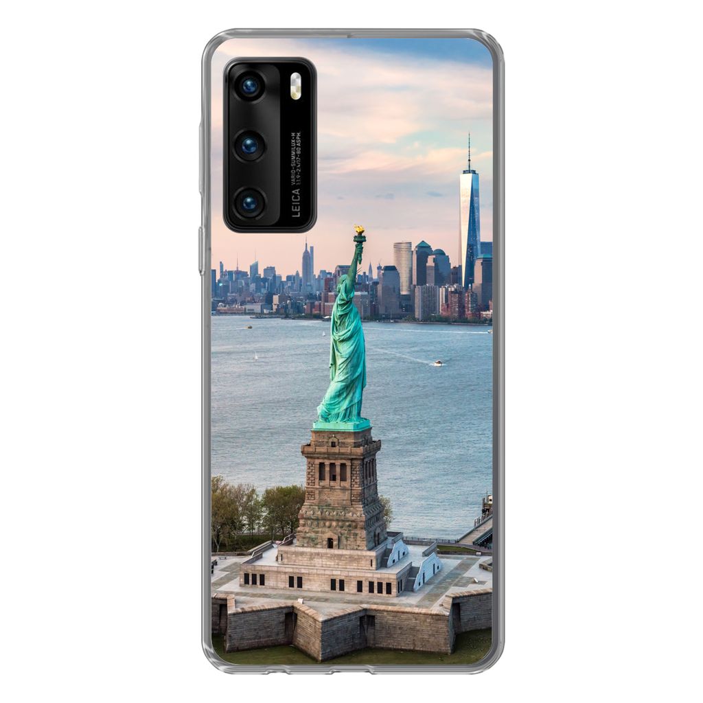 MuchoWow Handyhülle Schutzhülle Hülle für Huawei P40 Freiheitsstatue mit der Skyline von New York Silikon Softcase Handy Hülle - Handytasche