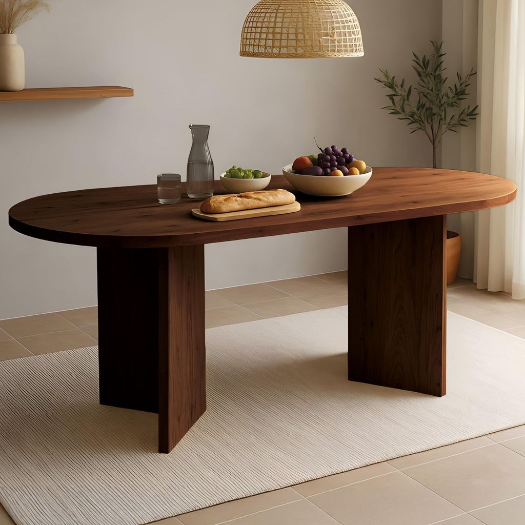 Esstisch Laurie | 204 x 90 cm | Akazienholz massiv | Farbe: Nussbaumfarben | Oval mit gerader Kante | V-Gestell Holz | Esszimmertisch/Küchentisch ...
