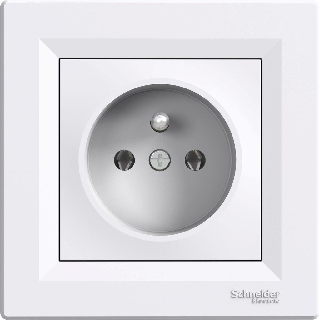 A white electrical socket with a grounding pin.