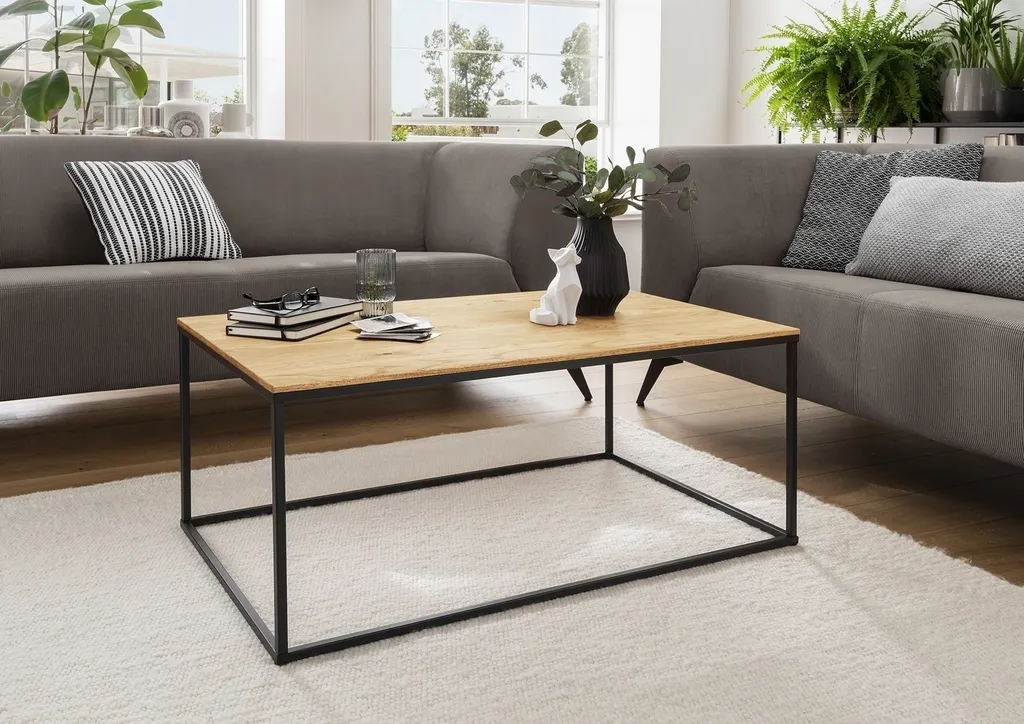 Table Basse Rectangulaire 100cm en Chêne Véritable et Structure Noire - 2