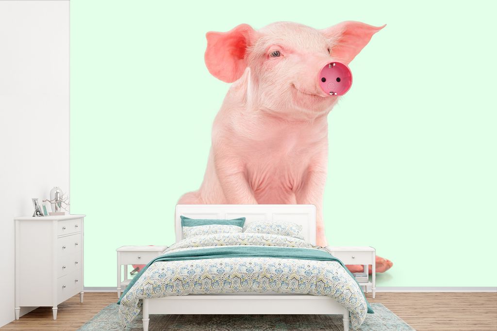 MuchoWow Fototapete für Wohnzimmer oder Schlafzimmer Wandtapete Vinyl Motivtapete Schwein - Rosa - Sockel - Tiere - 330x220 cm - Fototapeten
