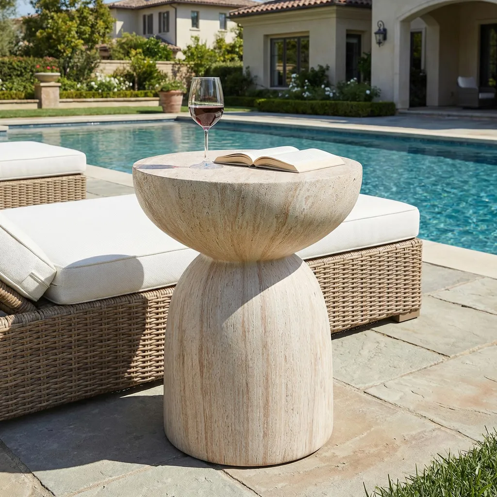 Table de jardin résistante aux intempéries en MgO beige - Table basse ronde