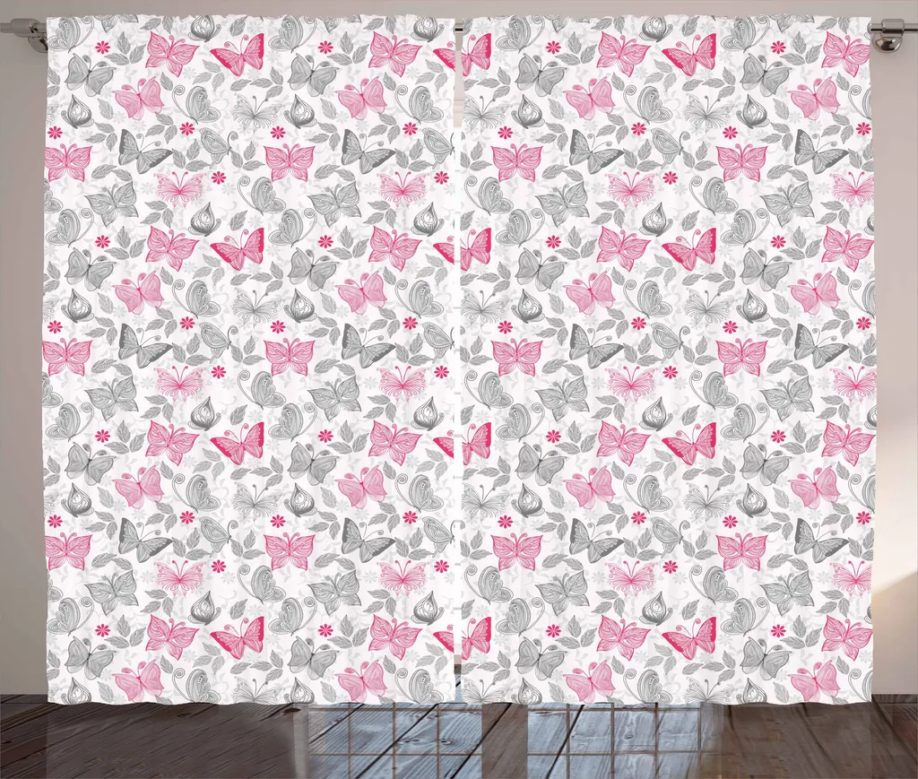 ABAKUHAUS Tenda rustica con motivo a farfalle, raffigurazione astratta della natura, tenda con passanti e ganci per camera da letto, 280 x 175 cm, bianco grigio rosa