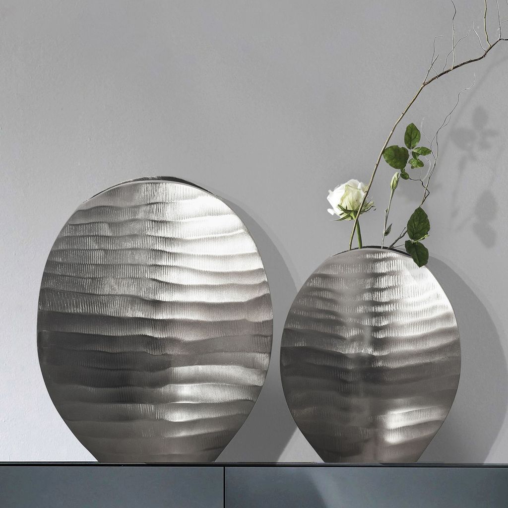 WOHNLING Deko Vase 2er Set Aluminium Silber Blumenvase Wellenmuster Modern Dekovase Rund 2-teilig für Blumen Alu Tischvase Wohndeko Metall Tischdeko