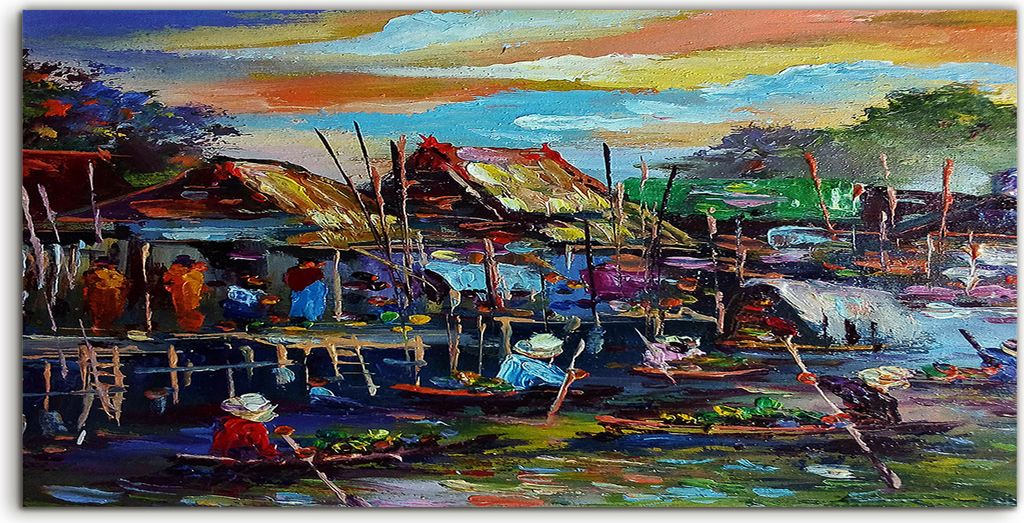 Coloray Glasbild 140x70 Wandbild Glasbilder Foto Bild Flusslandschaft Dorf Wasser