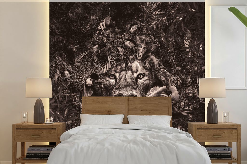 MuchoWow Fototapete für Wohnzimmer oder Schlafzimmer Wandtapete Vinyl Motivtapete Tier - Afrika - Schwarz - Weiß - 300x300 cm - Wanddekoration