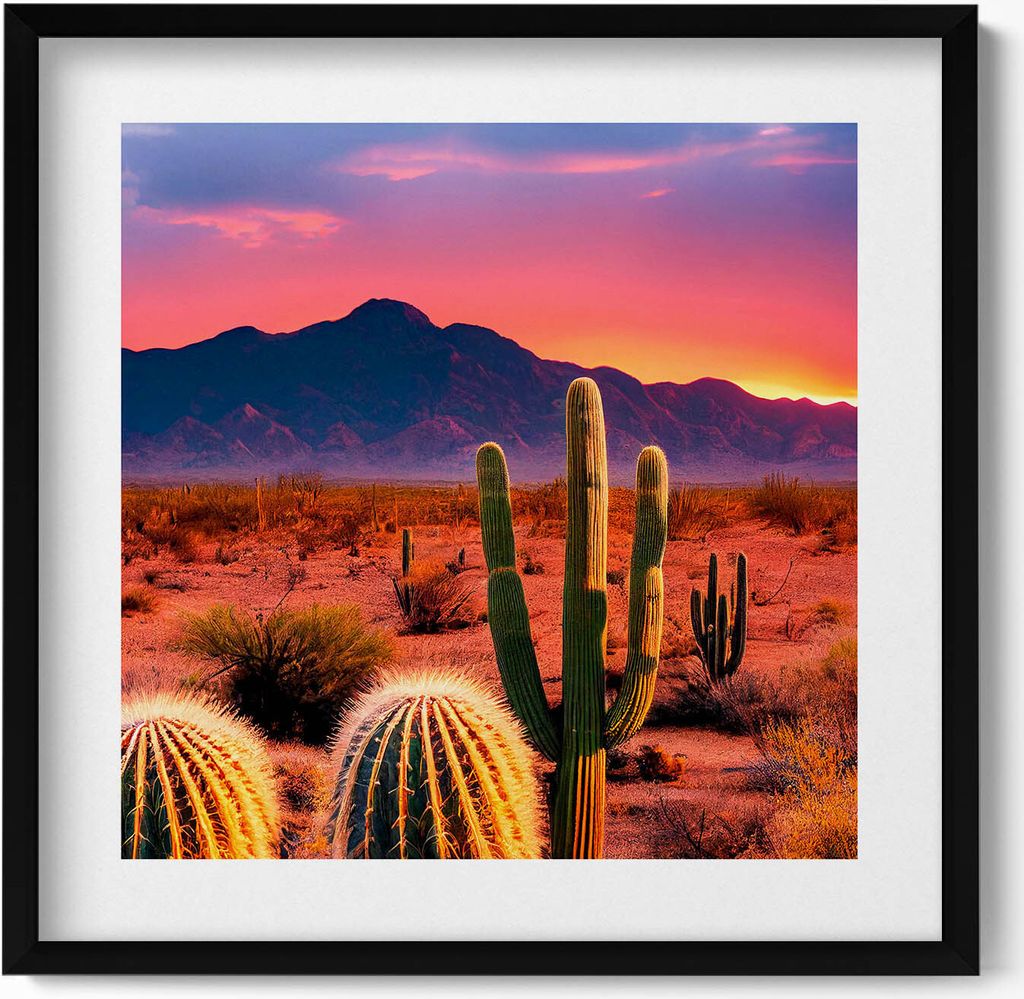 Sonnenuntergang in der Wüste– Wandbild mit Rahmen – Gerahmtes Bild – Wanddekoration – 50x50 cm – Schwarz Rahmen