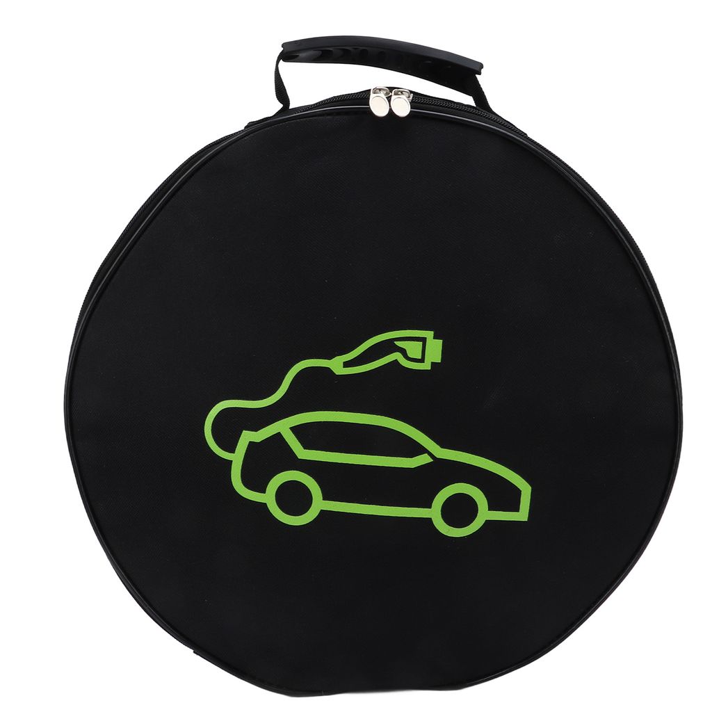 A black circular bag with a green outline of an electric car and charging cable.