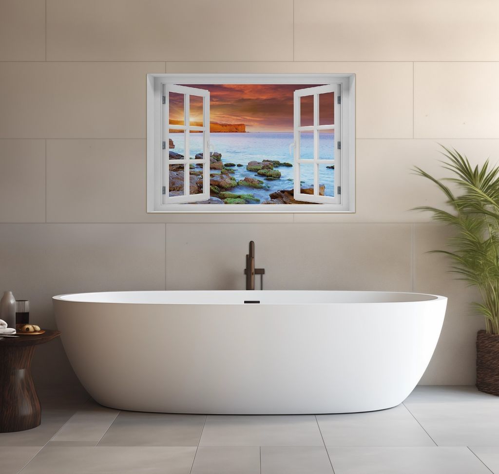 Wallario wasserfestes Poster selbstklebend 91,50 x 61 cm, Sonnenaufgang am Meer mit Landzunge und Felsen im Wasser, Badezimmerposter Spritzschutz m...
