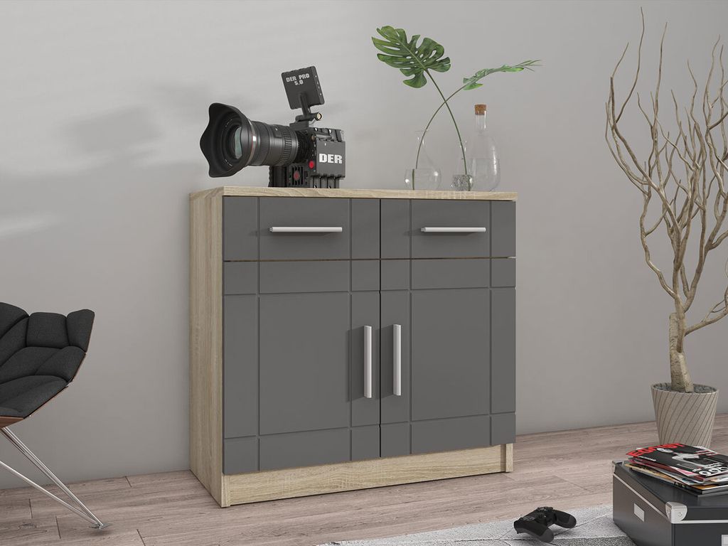 MIRJAN24 Kommode Paris 2F2S, Klassisch Wohnzimmer Kolektion, Modern Highboard, Stilvoll Sideboard (Farbe: Sonoma Eiche / Graphit)