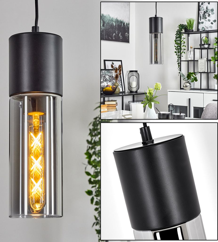 Olgia »Olgia« 1-flammige Hängelampe aus Metall/Glas in Schwarz/Rauchfarben