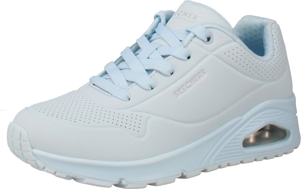 A single white and light blue Skechers sneaker is shown from the side against a white background.