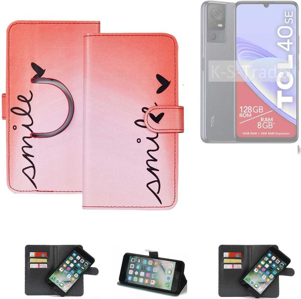 K-S-Trade Schutzhülle Handyhülle kompatibel mit TCL 40 SE Hülle cover bookstyle Etui ''smile'' rot Standfunktion Kameraschutz (1Stk)