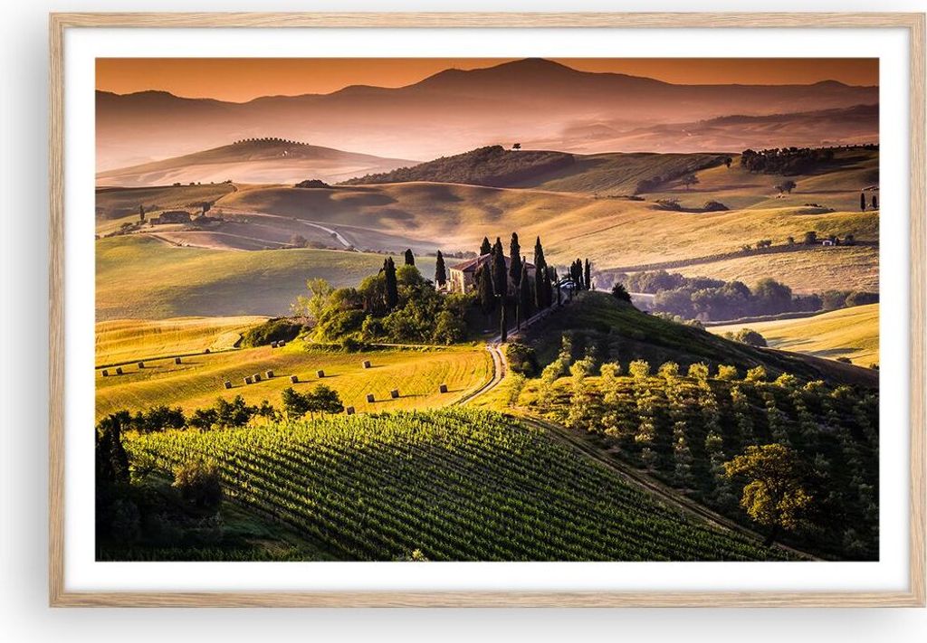 Gerahmtes Poster - Rahmen in heller Eiche - Landwirtschaft Bauernhof Toskana Weinberg - 91,5x61 cm - Wand Bild - Wanddeko - Wandbilder - Wandposter...
