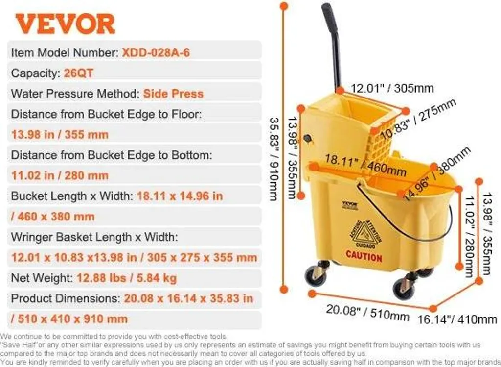 Seau à franges pour nettoyage de bureaux et commerces capacité 26QT