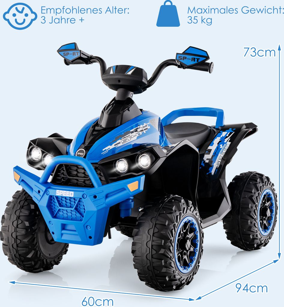 A blue and black toy quad bike is shown from a front-diagonal angle against a light blue background. Dimensions and age recommendations are displayed.