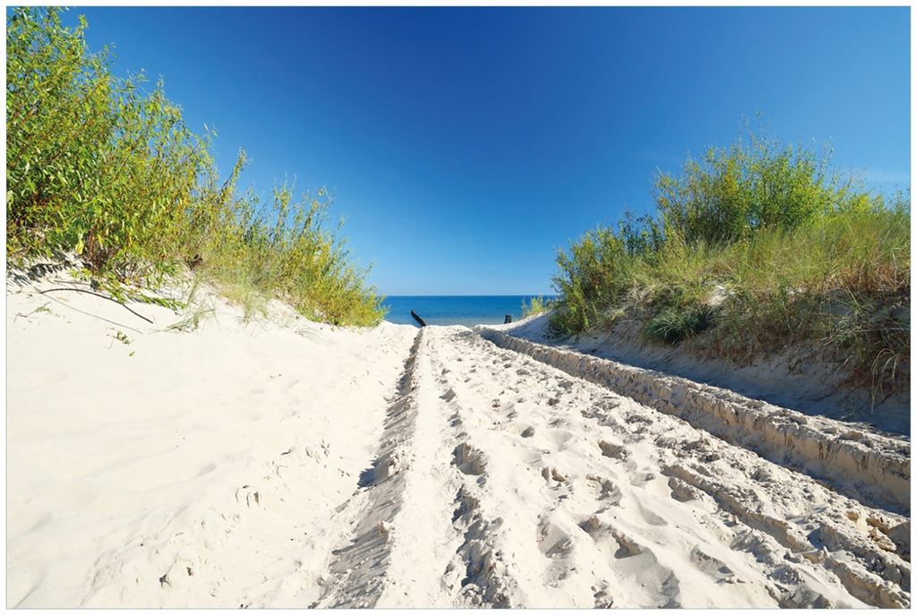Wallario Premium Glasbild, freischwebende Optik, kräftige Farben, Größe 90 x 60 cm Motiv Auf dem Sandweg zum Strand - Blauer Himmel über dem Meer