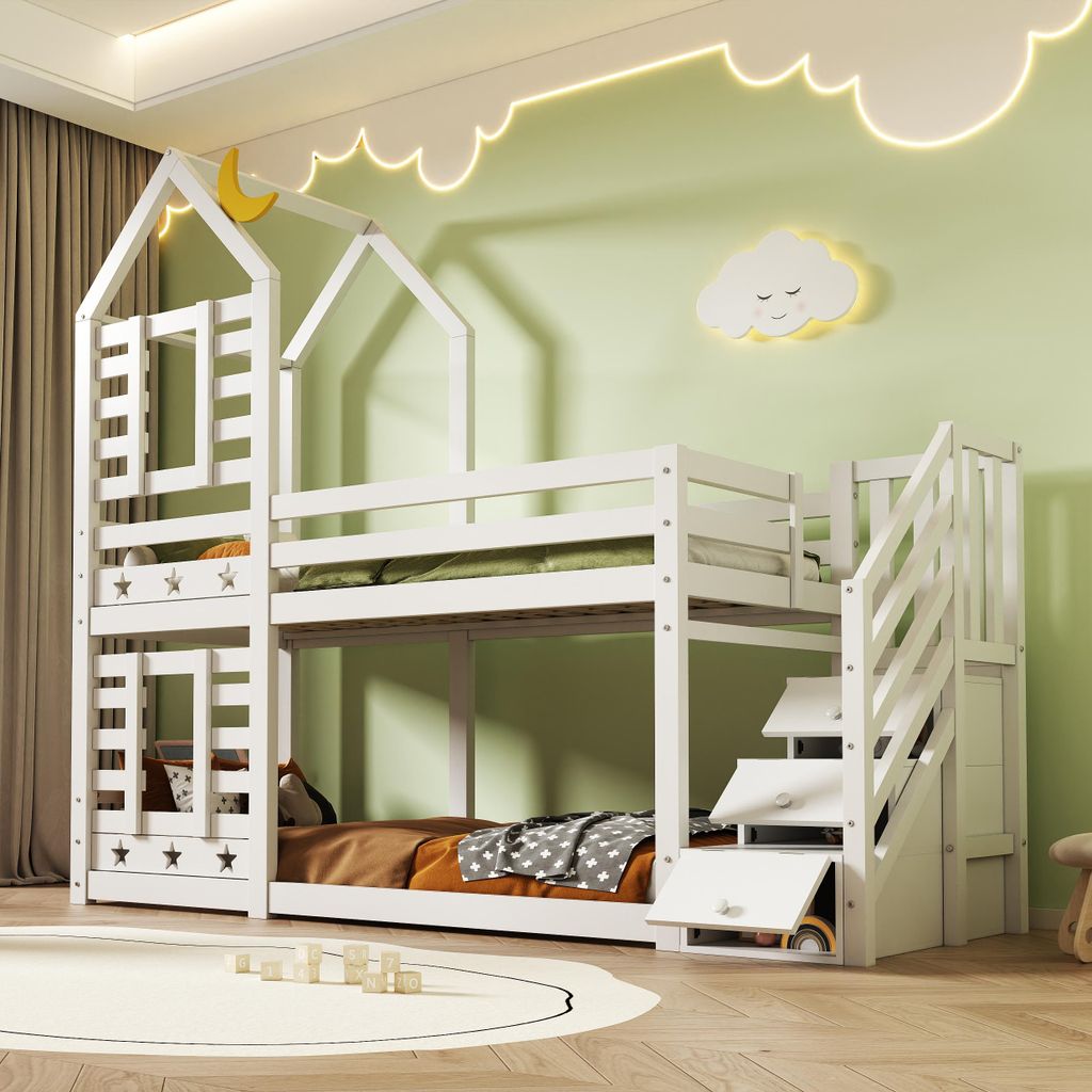 STILVORA Etagenbett 90x200 mit Schubladen&Baumhaus-design,Kinderbett mit Stauraumtreppe&Rausfallschutz,Holzbett mit Lattenrost,Weiß(ohne Matratze)