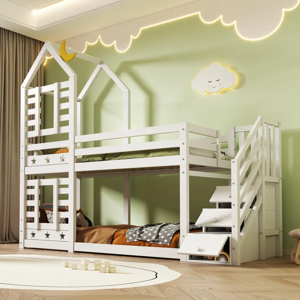 Lit Superposé 90x200 OKWISH Cabane avec Échelle et Barrière en Bois Blanc