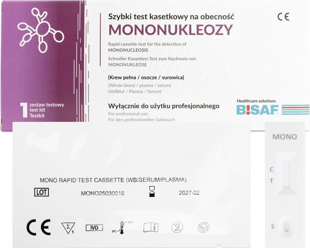 Product packaging and a test cassette for Mononucleosis.