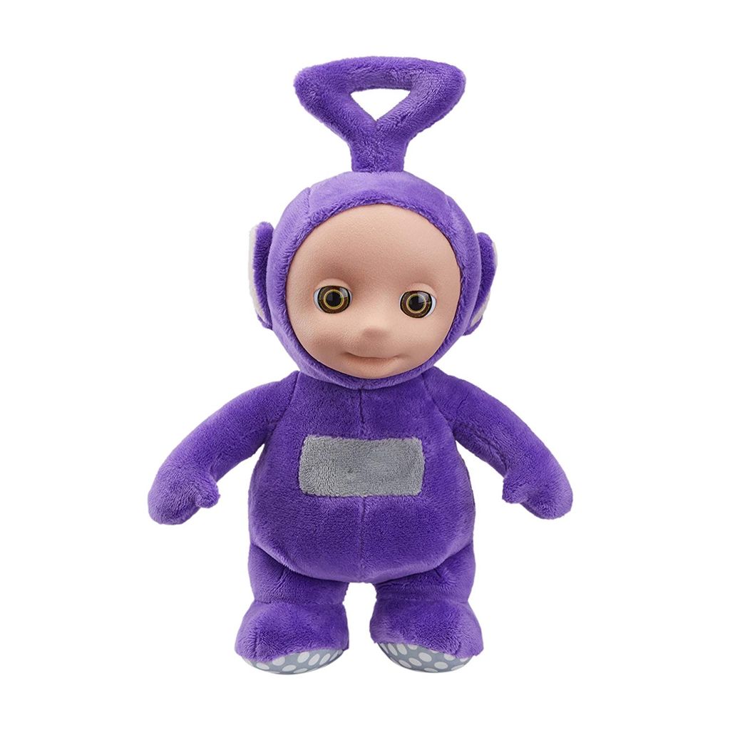A plush toy of the character Tinky Winky from Teletubbies, standing against a white background.