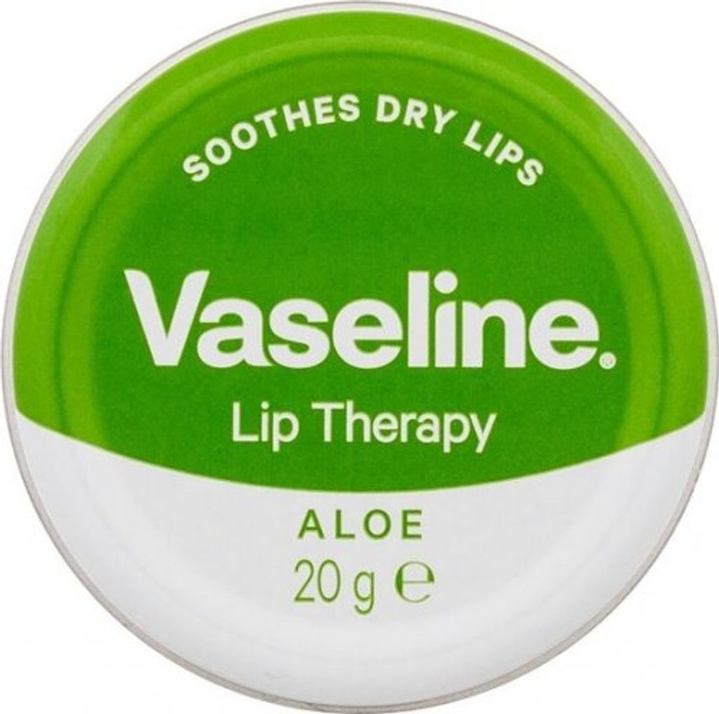 A top-down view of a Vaseline Lip Therapy balm tin.