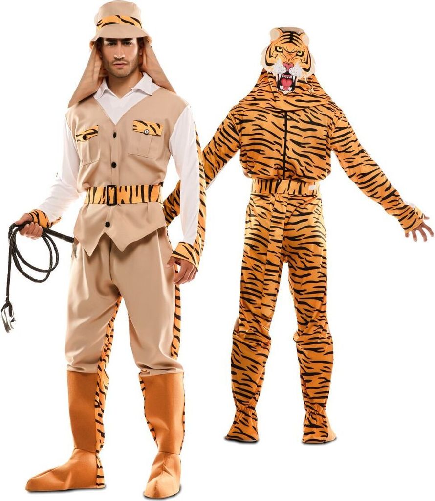 Safari Wendekostüm Tiger Jäger für Herren Gr. M-XL braun orange Zwei in Eins-Kostüm Spaßkostüm Fasching Karneval Mottoparty