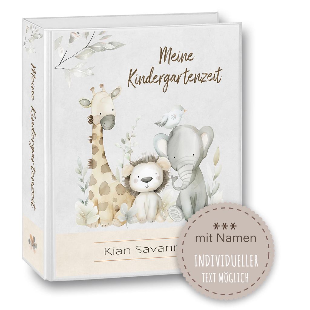Kindergarten Ordner personalisiert Wunschtext A4 - Savanna Family - Sammelordner Kindergartenordner Postmappe Portfolioordner Giraffe Löwe Elefant