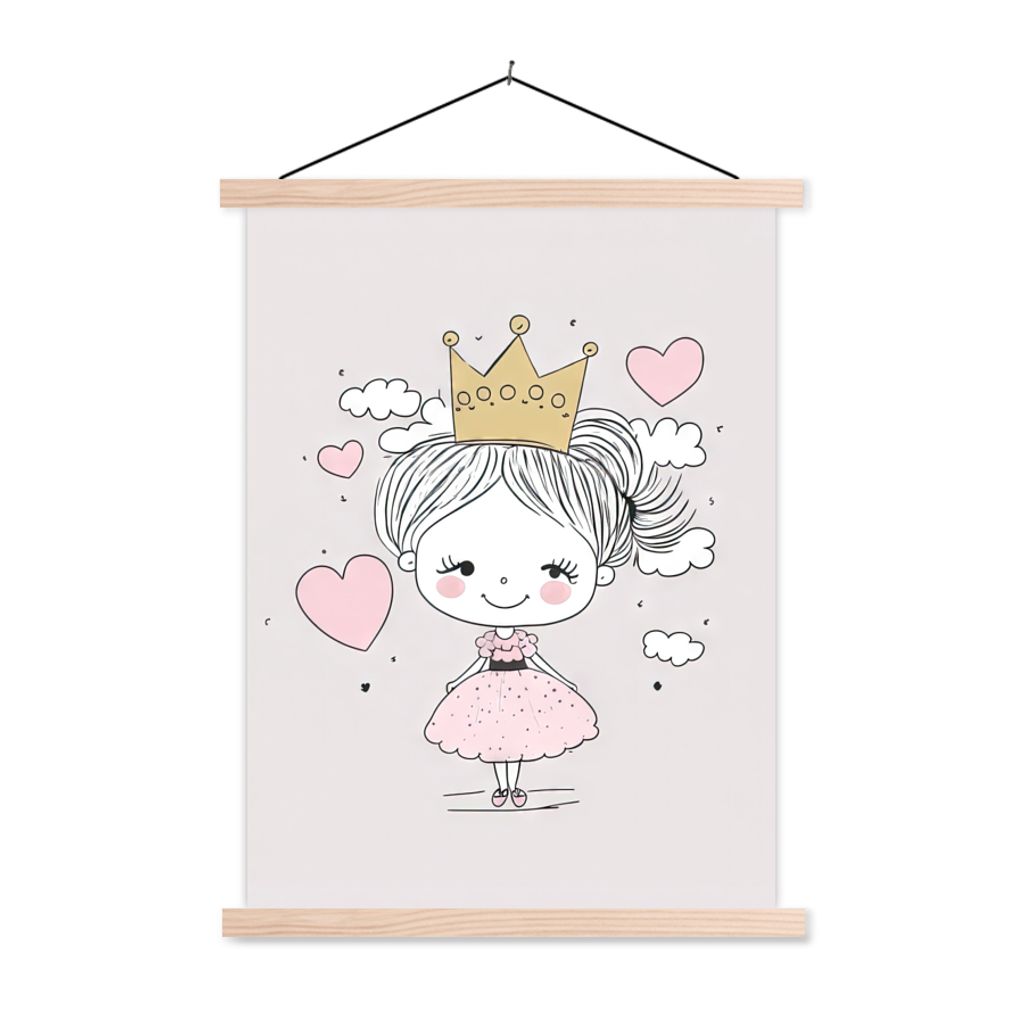 MuchoWow Textilposter Prinzessin - Krone - Rosa - Mädchen - Pastell 40x53 cm mit holzfarbenen Rahmen - Schlafzimmer