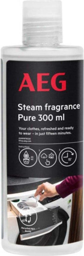 A bottle of AEG steam fragrance is shown with a hand adding it to a washing machine.