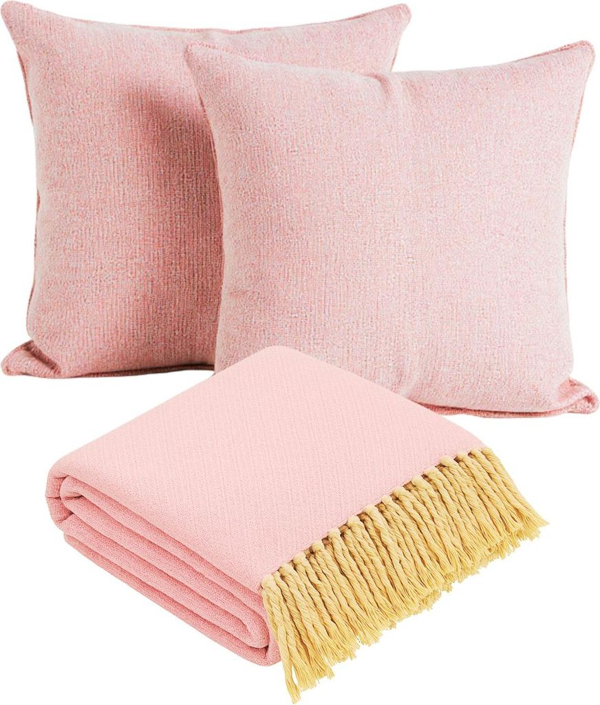 Marrakesch 3er Set Calix Pink Tagesdecke 125x150 & 2 Kissenbezüge 40x40 aus Baumwolle | Boho Sofaüberwurf mit Fransen & 2 Zierkissen ohne Füllun...