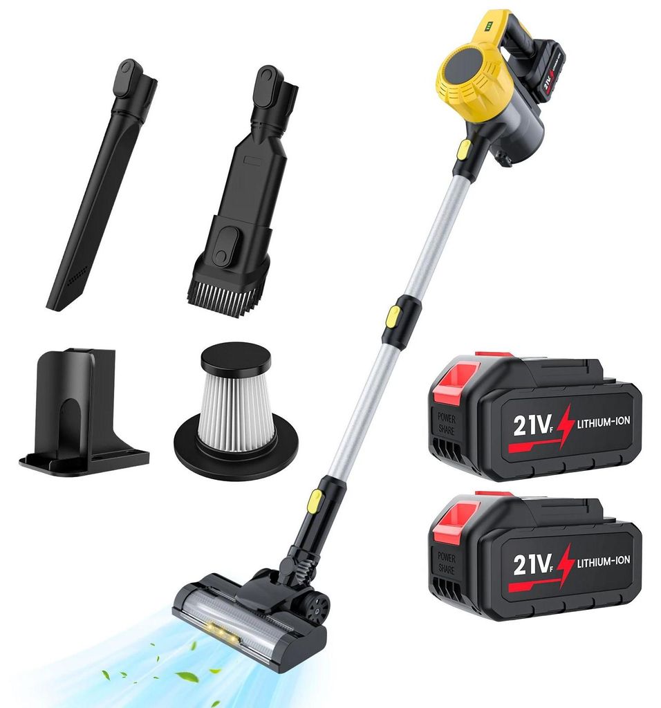 3-in-1 Akku-Staubsauger bürstenlos - Hand-/Stielstaubsauger - 2×5,5Ah Akkus inkl. - Beutellos - Für Teppiche & Hartböden - Tierhaare - Gelb