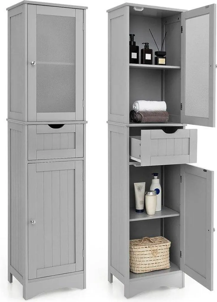 Armoire haute étroite salle de bain 170 cm gris aspect bois moderne