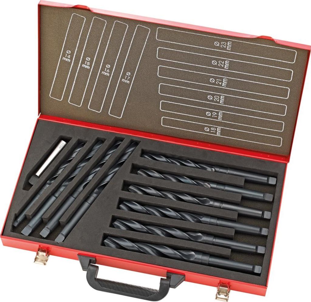 Spiralbohrer Set DIN345 HSS rollgewalzt 14-23mm, 1mm stg. Metallkoffer FORTIS