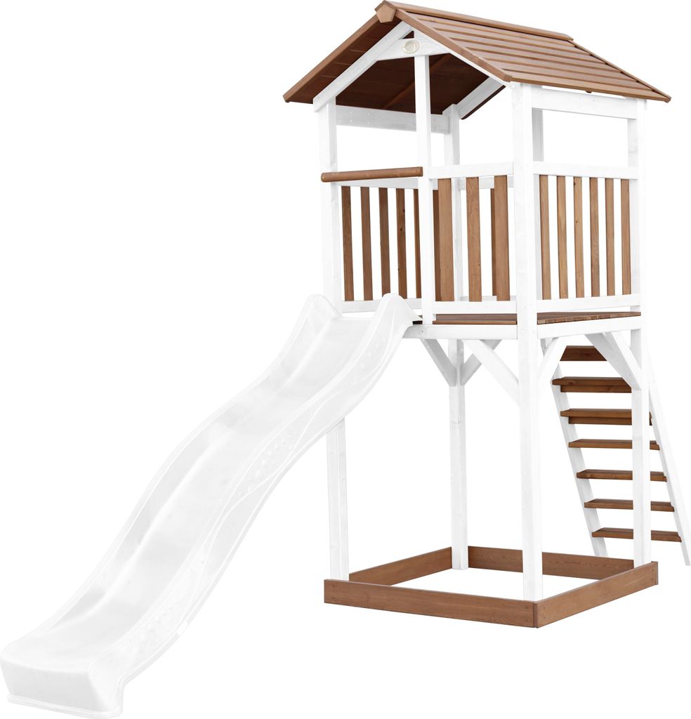 AXI Beach Tower Spielturm aus Holz in Braun & Weiß | Spielhaus für Kinder mit weißer Rutsche und Sandkasten | Stelzenhaus für den Garten