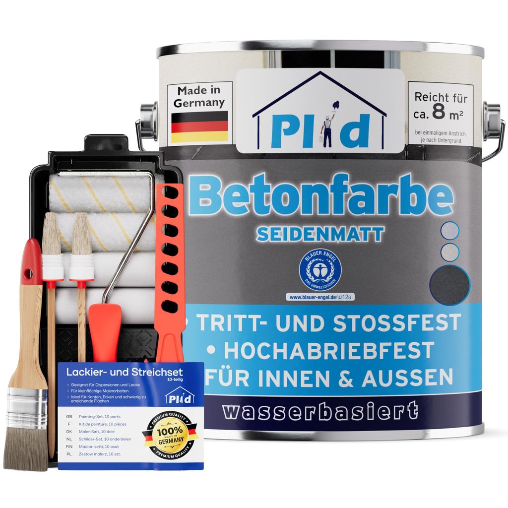 Plid Betonfarbe Anthrazitgrau 0,75l mit Anstreichset – Sockelfarbe und Bodenfarbe für Innen & Außen zur Bodenbeschichtung und Renovierung