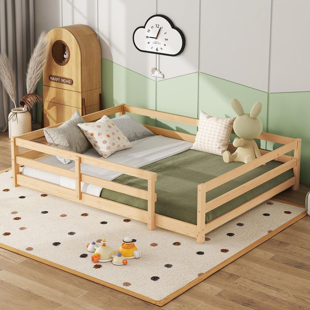 Montessori Kinderbett mit Umrandung – Ohne Untergestell, bodentief aus Massivholz, einfache Montage (140x200 cm, natur)
