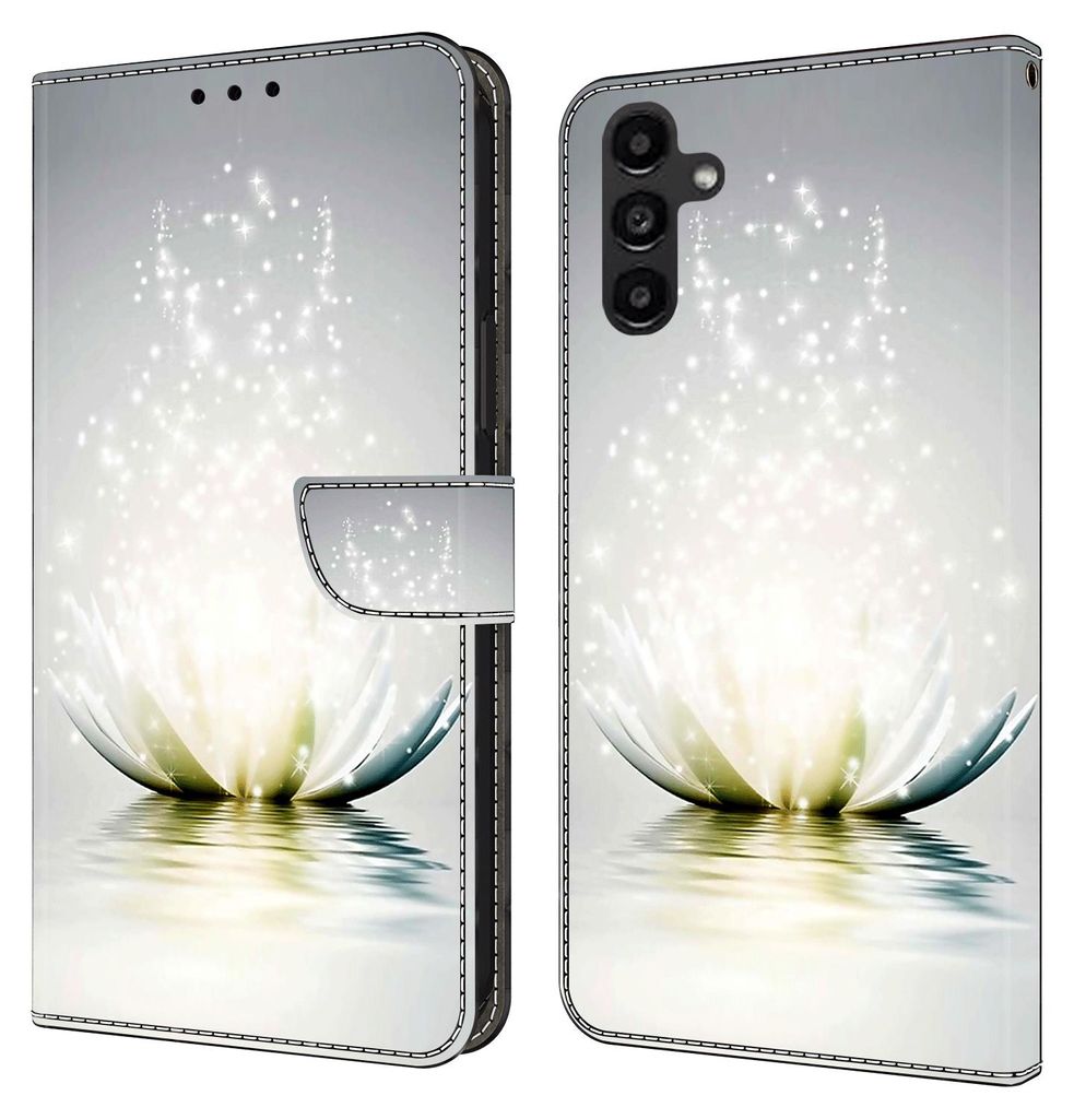 CLM-Tech Hülle kompatibel mit Samsung Galaxy A14 5G - Tasche aus Kunstleder - Klapphülle mit Ständer und Kartenfächern, Lotus Lampe