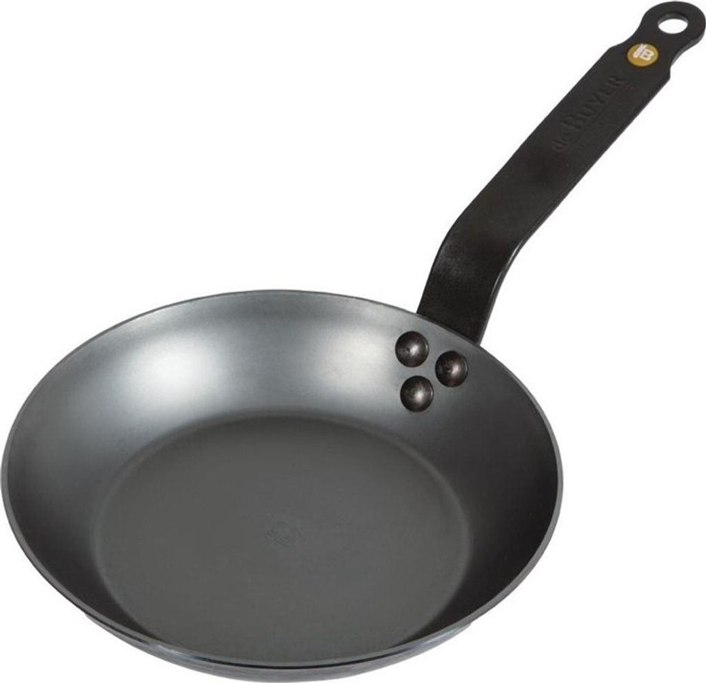 A black metal frying pan with a long handle is shown against a white background.