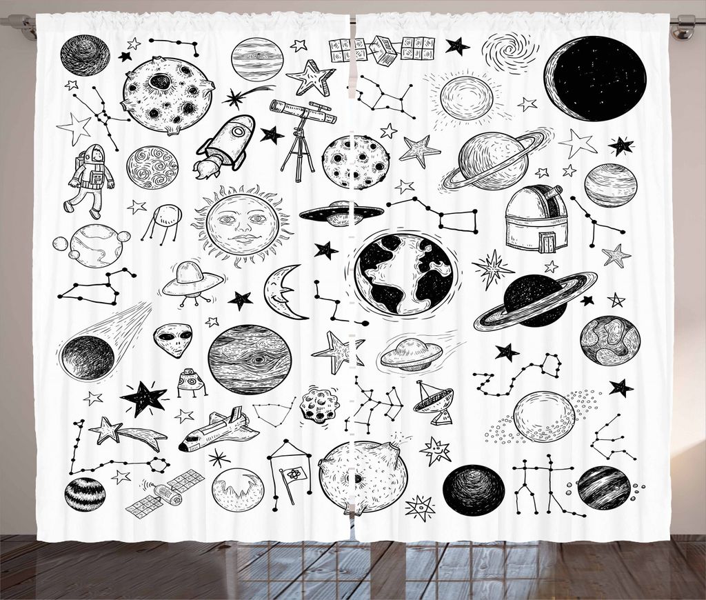 ABAKUHAUS Kindergarten Rustikaler Gardine, Planeten Asteroiden Kosmos, Schlafzimmer Kräuselband Vorhang mit Schlaufen und Haken, 280 x 225 cm, Wei...