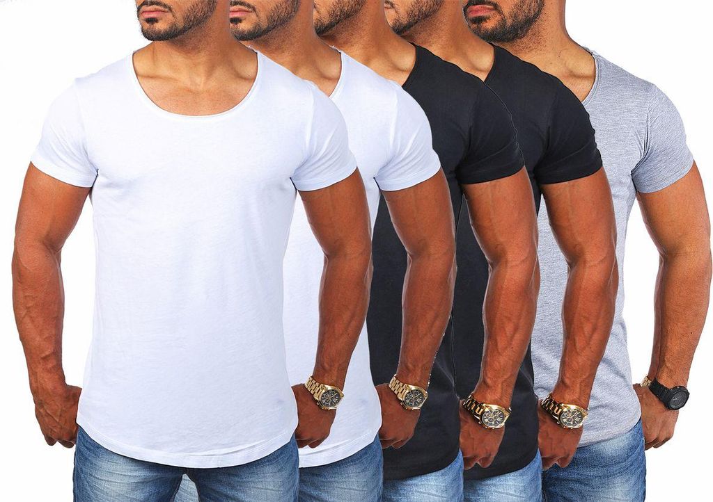 Young & Rich Herren Uni T-Shirt mit tiefem Rundhals Ausschnitt einfarbig körperbetontes Basic Tee Vintage Look 1702