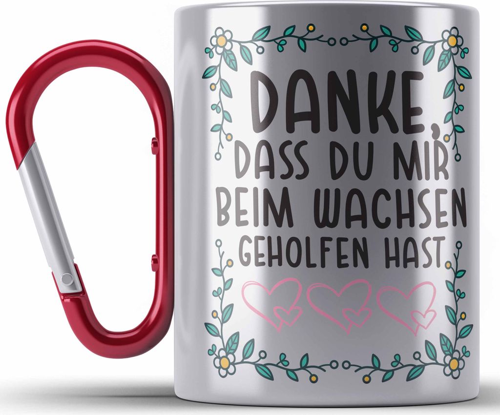 Trendation - Erzieherin Edelstahl Tasse Karabiner Geschenk Herz Geschenke Abschiedsgeschenk mit Spruch Karabiner Edelstahl Tasse Karabiner Edelstah...