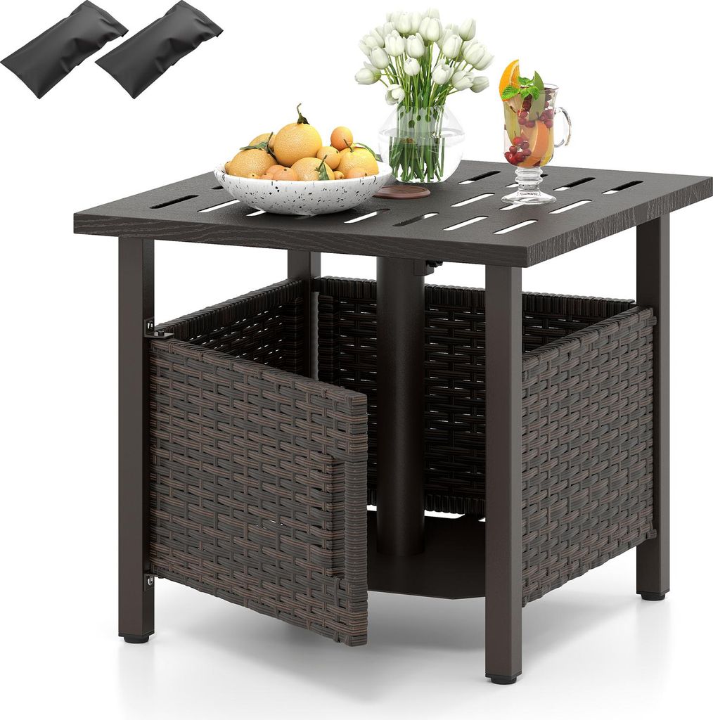COSTWAY Beistelltisch Outdoor wetterfest, Polyrattan Gartentisch mit Schirmloch, Kleiner Balkontisch, Kaffeetisch 55,5 x 55,5 x 47,5cm
