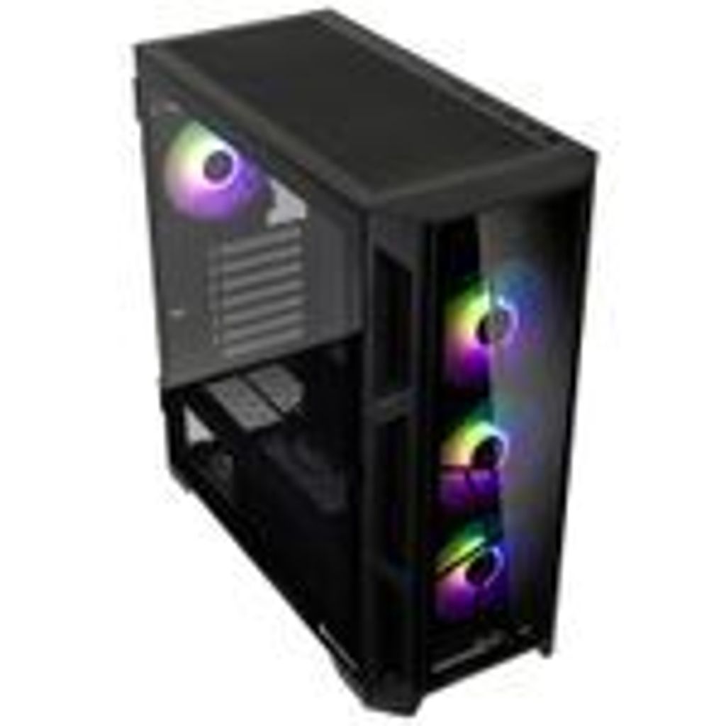 A black computer tower case with RGB lighting on the fans.