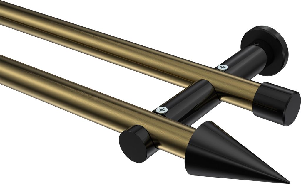 Interdeco Gardinenstange / Vorhangstange Messing Antik / Schwarz, Typ Platon Savio (Kegel) ohne Ringe, 20 mm Ø 2-läufig, 600 cm