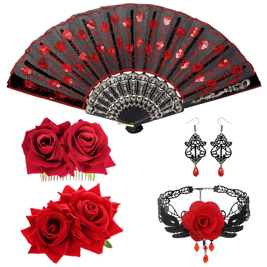 Barrette rose en tissu ajouré et éventail pliable pour danseuse pro