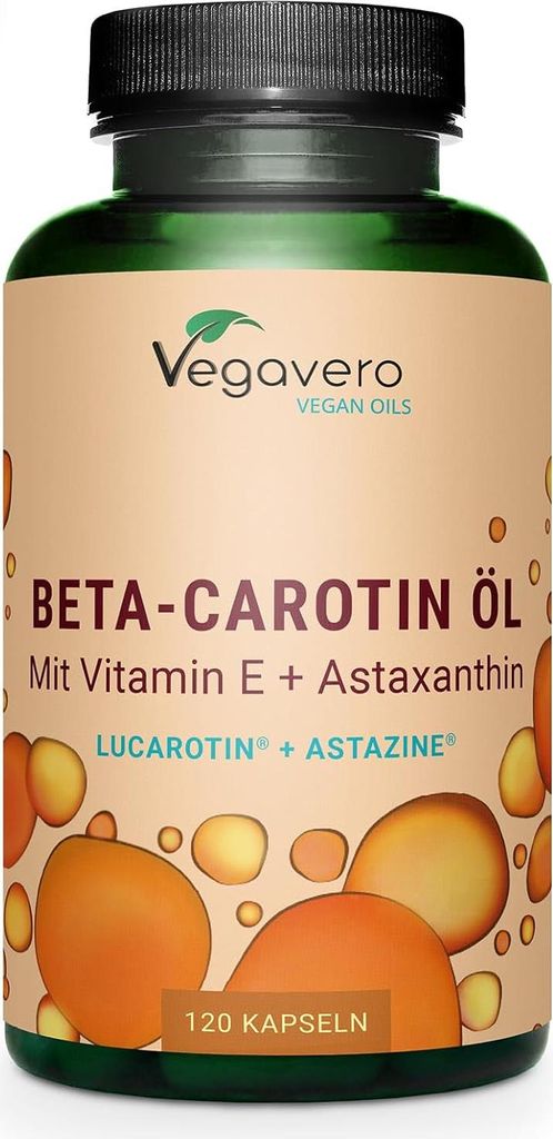 Vegavero Beta Carotin Öl | 120 Kapseln | mit Vitamin E und Astaxanthin | Lucarotin + Astazine | vegan